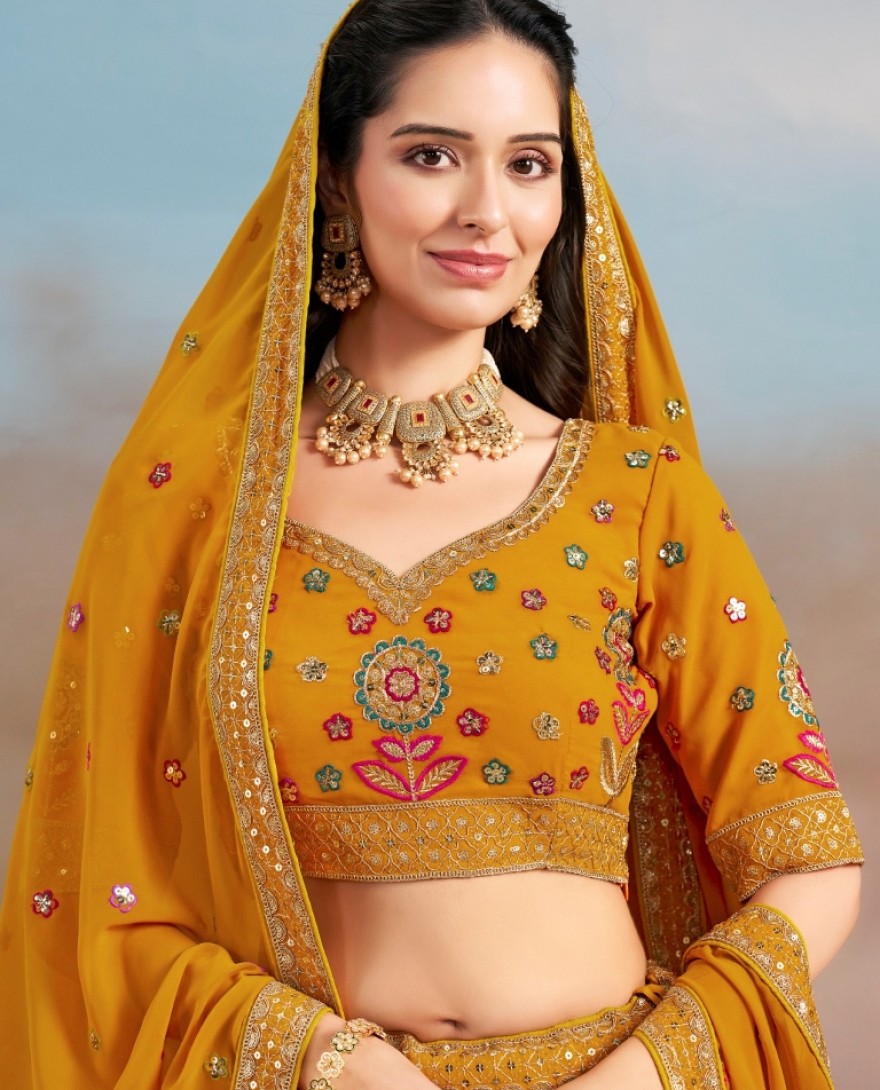 6008- YELLOW - Stunning yellow Thread Work Georgette Engagement Wear Lehenga With Blouse